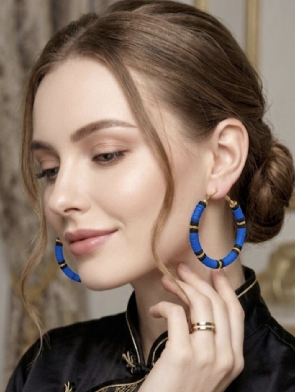 Vibrant Blue Wrapped Hoop Earrings with Gold Accents
